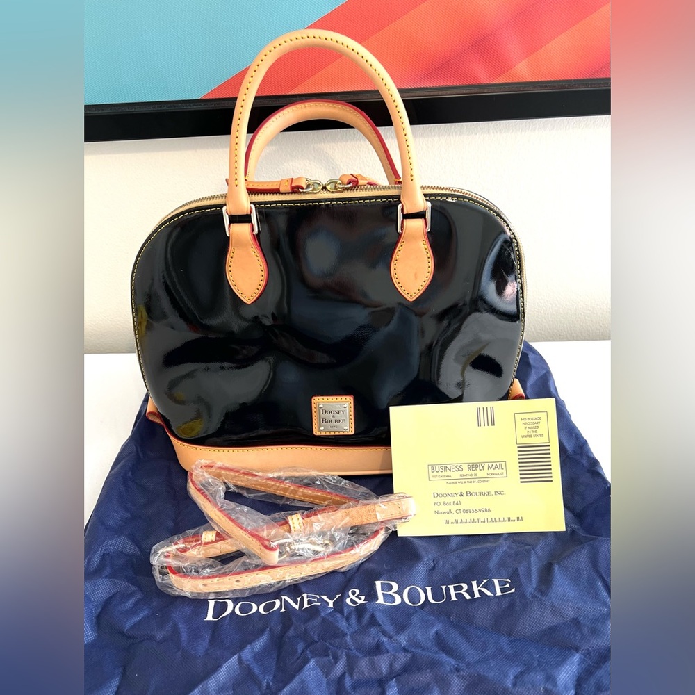 Dooney & Bourke Black Patent Leather Pebble Grain Zip Zip Satchel